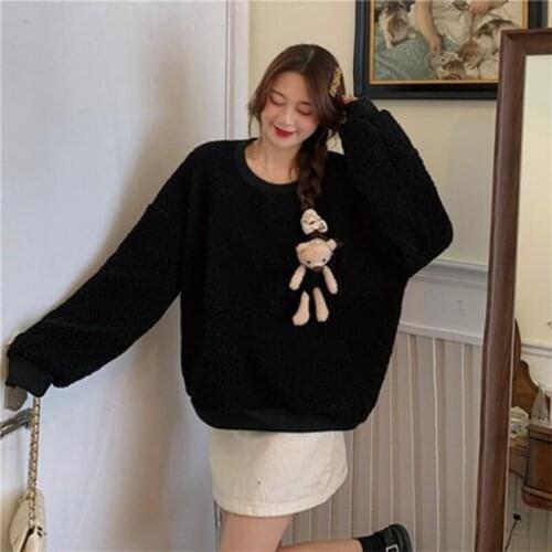QRWR 2020 Autumn Winter Womens Sweatshirt Fashion Casual Thick Fleece Hoodies Korean O Neck Solid Kawaii Women Sweatshirt