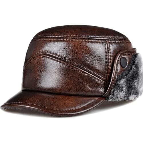 RY0203 2020 Earmuffs Genuine Leather Faux Fur Cap Men Male Thicken Bomber Hats Winter Windproof Warm Hat Flat Gorras Dad Gift