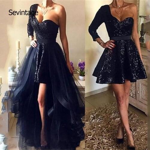 Sevintage High Low Black Prom Dresses festido de festa Formal Women Dress Sequines One Shoulder Two Pieces Party Gown