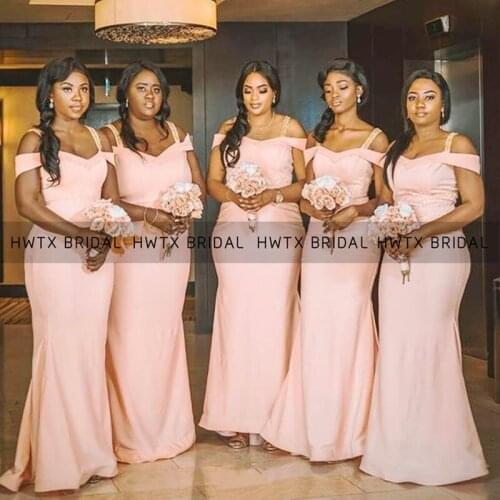 Light Pink Satin Bridesmaid Dresses Spaghetti Straps Mermaid Long Floor Length Maid Of Honor Dress Wedding Party Gowns African