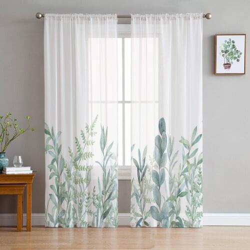 Plant Watercolor Leaves Art Tulle Sheer Window Curtains for Living Room Kitchen Children Bedroom Voile Hanging Curtain