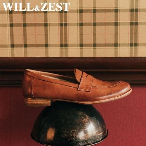 Will&Zest Flat Womens Loafers Oxford Boat Shoes For Women Moccasin Genuine Leather Slip On Round Toe Plus Size Shoes Handmade