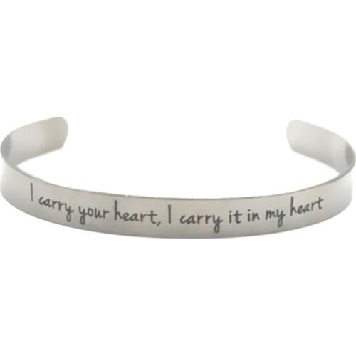 I carry your heart, I carry it in my heart stainless steel bangles bracelets adjustable silver tone cuff