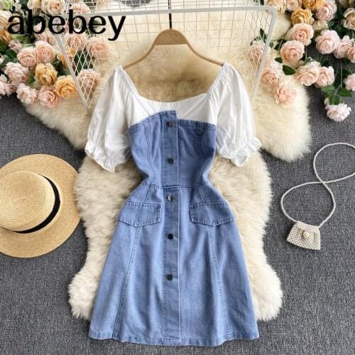 Women Retro Denim Dress Korean Short Sleeve A Line Dresses Summer Fashion Streetwear Short Dress