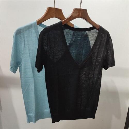 100% Wool 2021 Summer New Deep V-neck Short-sleeved Loose Knit Pullover Thin Casual Wild Pure Color Sweater