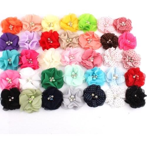 120pcs/lot 2" 30colors Hair Clips Chiffon Flower+Rhinestones And Pearls For Girls Hair Accessories Fabric Flowers For Headbands