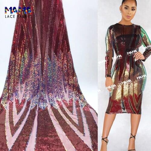 5 Yards Burgundy With Gold Sequins French Tulle Lace Sewing African Sequin Tassel Fabric 2021 High Quality For Party Dresses