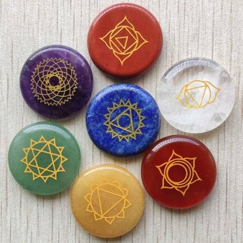New mix Natural stone 7 chakras patten carved round No hole pendants for jewelry accessories making 7pcs/lot wholesale