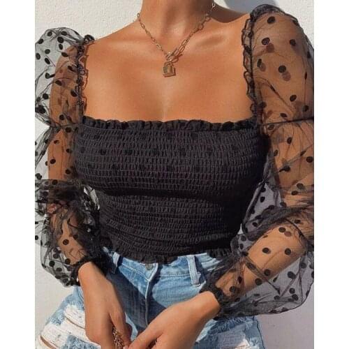 Sexy Women Blouses Polka Dot Mesh Sheer Long Puff Sleeve Tops Stylish Ladies Blouses Slim Fit Shirts Office Blouse Woman Blouse