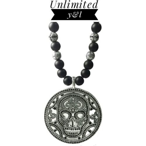 Black Obsidian Beads Necklaces Skull Disc Pendant Necklaces for Women and Men Punk Style Skeleton Silver Fashion Jewelry Gift