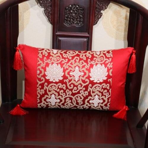 Tassel Patchwork Silk Satin Cushion Lumbar Pillow Decorative Sofa Chair Backrest Chinese style Back Support Ethnic Cushions