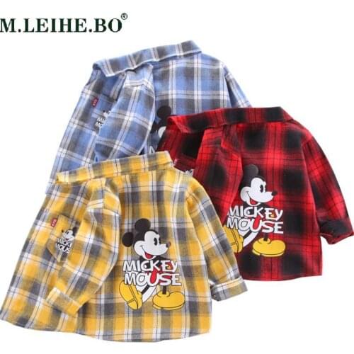 Childrens Shirt Clothes Spring Thin Tops Boys and Girls Check Cotton Tops 2-7 Years Old Childrens Mickey Long-sleeved Shirt