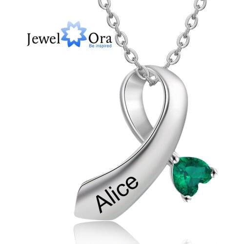 JewelOra Designer Personalized Ribbon Shape Pendant Necklace with Heart Birthstone Customized Name Engraved Necklaces for Women