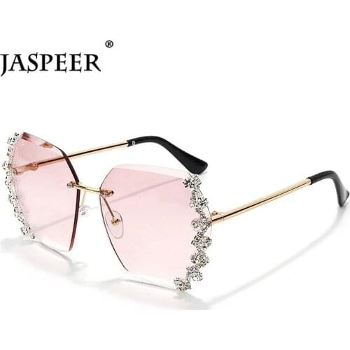 JASPEER Luxury Sunglasses Women Rhinestone Shades Rimless Sun Glasses Female Luxury Designer Diamond Gradual Trend Eyewear