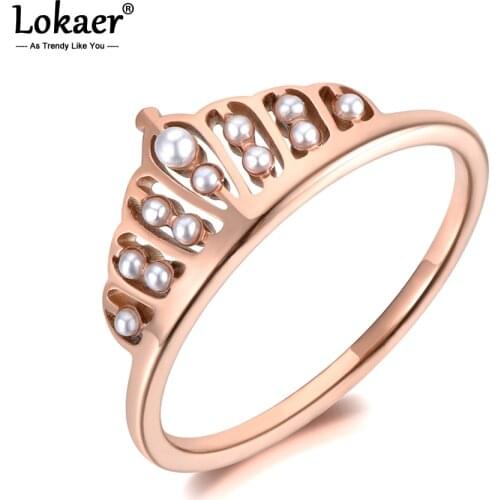 Lokaer Titanium Stainless Steel White Pearl Crown Ring Trendy Rose Gold Anniversary Wedding Rings Jewelry For Women Girls R19090