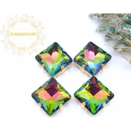 Classic style Flame Square Glass Crystal sew on rhinestones with gold claw Diy wedding dress accessories free shipping