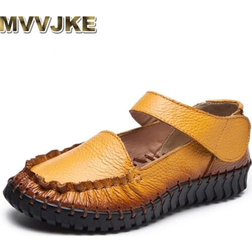 MVVJKE genuine leather casual shoes women flat shoes moccasins soft bottom Retro style handmade women flat shoes round toe big