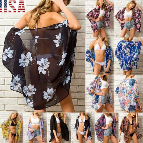2020 New Fashion Women Ladies Floral Beach Kimono Blouse Chiffon Cardigan Shawl Bikini Cover Up Beachwear Kaftan Short Dress