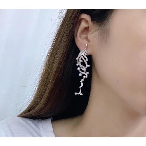 Natural fresh water pearl drop earring long earring 925 sterling silver with cubic zircon feather earring fine jewelry women