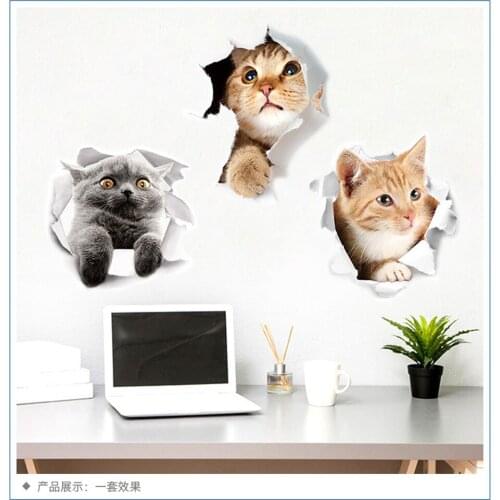 Cute 3D Cat Wallpaper Self-adhesive Waterproof Vinyl Decal For Bedroom Bathroom Decoration Home Decor Wall Sticker Cartoon Mural