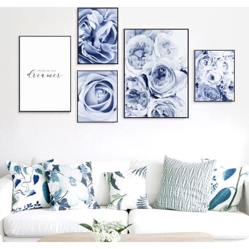 Nordic Elegant Blue Flower Rose Close-Up Wall Art Pictures Canvas Painting Poster Print For Salon Living Room Decoration