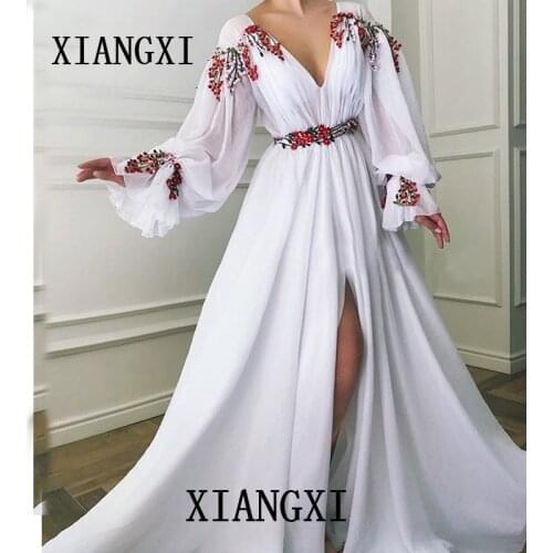 TaoHill Occasion Spéciale robes de soirée Blanc En Mousseline de Soie V-cou-parole Longueur Volants A-ligne Manches Longues Robe