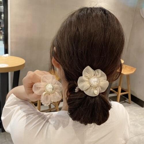 Woman Elegant Pearl Hair Ties Organza Floral Lady Scrunchie Women Hair Accessories Sweet Elastic Hairband Hair Rope Rubber Band