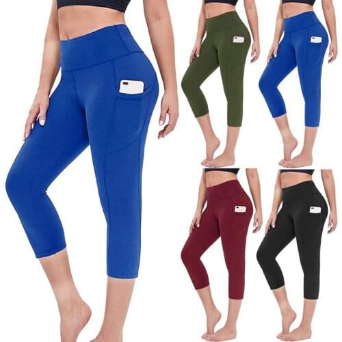 Womens Pocket Track Pants Plus Size Solid Color Three-Quarter Pocket Yoga Pants 2020 Training Fitness Leggings