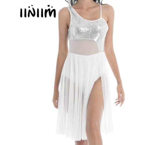 Womens Shiny Sequin Ballet Dress Mesh Patchwork Skirted Leotard Dance Dress Sleeveless Split Dresses for Dancing Performance