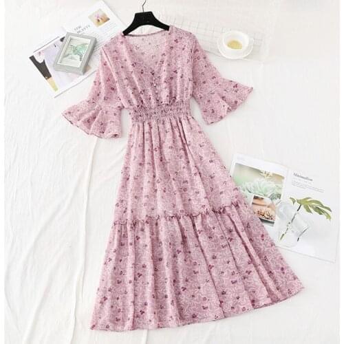Women Dress 2020 Summer Korean Fashion Vintage Floral Print Chiffon Midi Dress Ladies Ruffles Elegant Dresses Sweet Clothes