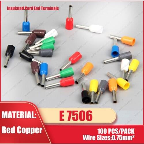 100pcs/pack E7506 Tube Pre-Insulating Terminal Wire Bootlace Ferrules For 0.75mm2, 20AWG, 6.0mm Pin of length Brass tubes