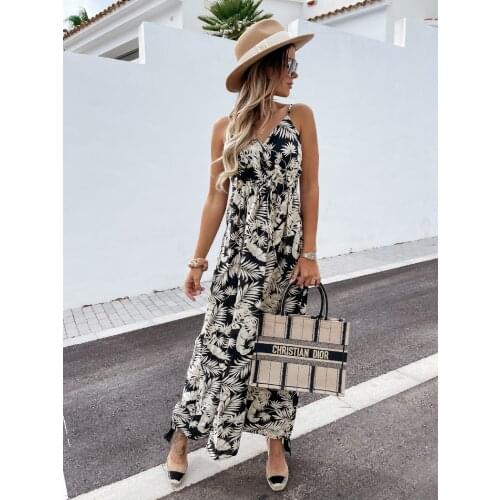2021 Bohe Women Summer Maxi Dress Adults Plant Print V-neck Spaghetti Strap High Waist Dress valentines day Beach Dress