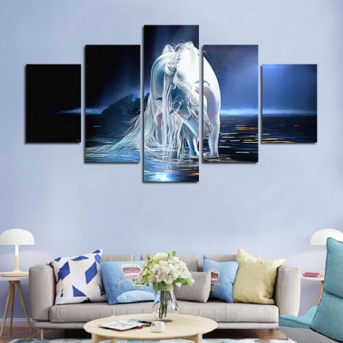5 Pieces Canvas Painting Frameless Animals Poster White Horse Looking At The Fish In The River Print Printing Home Decoration