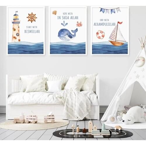 Abstract Wall Art Cartoon Seascape Paintings Whale Sea Tower Nordic Canvas Posters Prints Kids Living Room Bedroom Decoration
