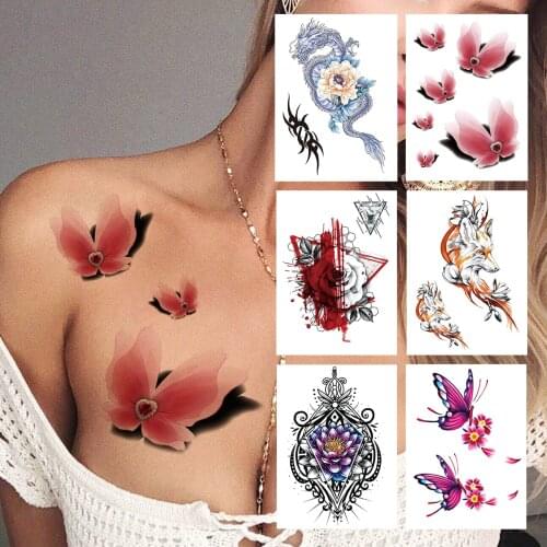 Watercolor Butterfly Temporary Tattoos For Women Girls Realistic Fake Dragon Thorns Tattoo Sticker Fox Flower Geometric Tattos