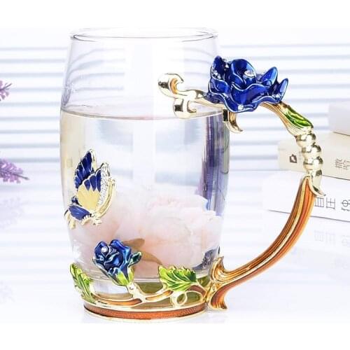 Beauty And Novelty Enamel Coffee Cup Mug Flower Tea Glass Cups for Hot and Cold Drinks Tea Cup Spoon Set Perfect Wedding Gift