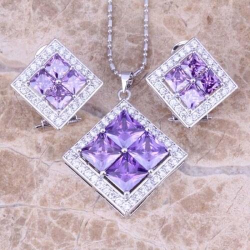 Shiny Purple Cubic Zirconia White CZ Silver Plated Earrings Pendant Necklace Jewelry Sets S0808