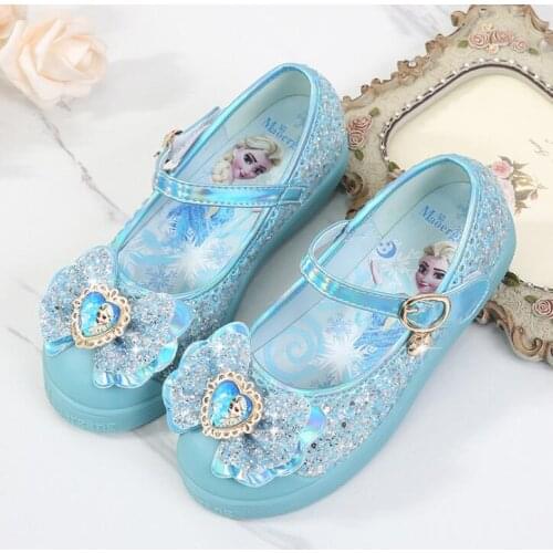 Disney Girls Elsa Single Shoes Princess Spring Autumn Childrens Leather Shoes Girls Crystal Shoes Size 22-36