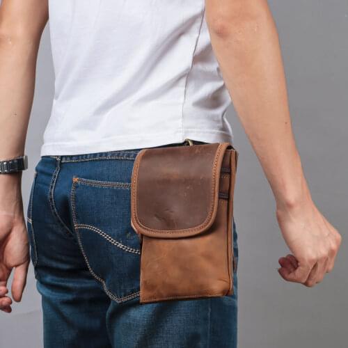 Vintage Crazy Horse Leather Waist Packs Men Genuine Leather Fanny Packs Zipper Hip Belt Bag Small Travel Phone Pouch Bags
