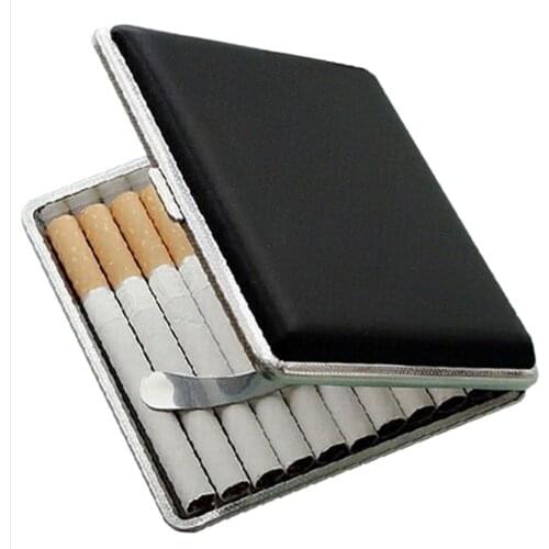 Hot sell 9.7 x 9 x 1.6cm Black 20 Aluminum Metal Leather Cigar Cigarette Box Holder Pocket Tobacco Storage Case Men Gift