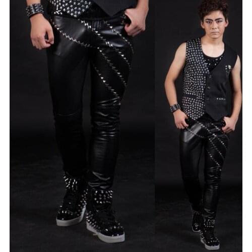 Stage personality rivets men leather pants motorcycle pant men feet trousers singer dance rock fashion pantalon homme black