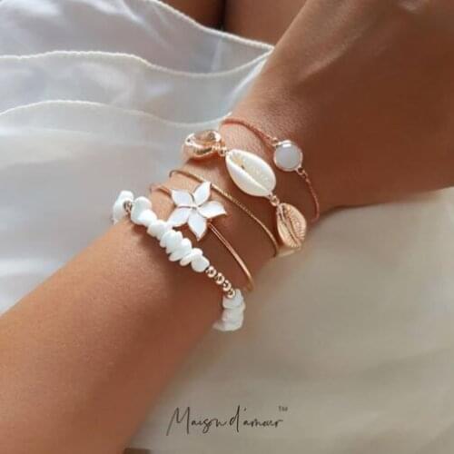 Wholesale Bohemia Style 5pc Set Alloy Gold Plating Chain with Conch Shell Natural Stone Women Bangle Bracelet