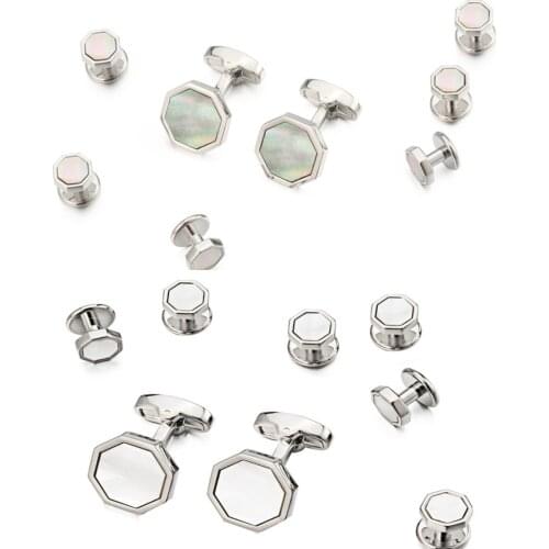 5Sets/lot Octagon Mother Pearl Sea Shell Cufflinks Tuxedo Studs 8pcs/6pcs Cuff Links Stud Set Men Cufflinks Tuxedo Studs Set