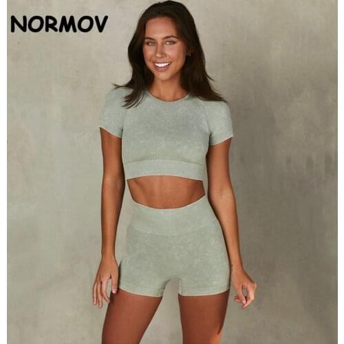 NORMOV Seamless Women Yoga Set Workout Shirts Sport Pants Bra Gym Clothing Short Crop Top High Waist Running Leggings Sports Set