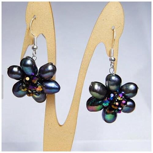 New Arrival Favorite Pearl Earrings Black Crystal 8-9mm Rice Freshwater Pearl Dangle Earring Wedding Birthday Women Gift Jewelry