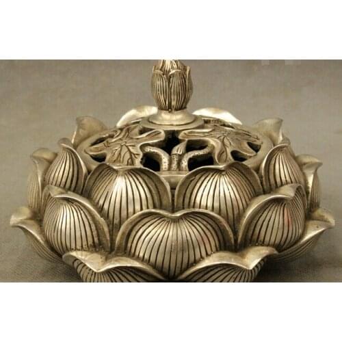 Wholesale factory Folk Chinese Silver Buddhism Lotus Flower Shape Statue Incense Burner Censer