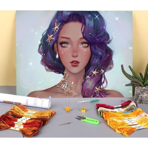 Cartoon Girl Woman Printed Water-Soluble Canvas 11CT Cross Stitch Embroidery Patterns DMC Threads Hobby Handicraft Sales