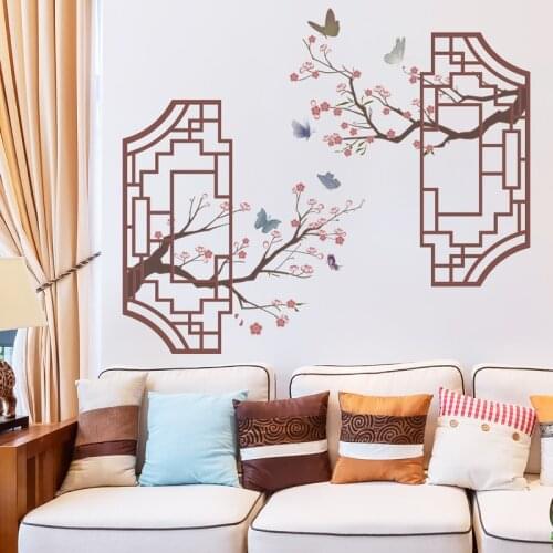 [SHIJUEHEZI] Plum Blossom Flowers Plants Wall Stickers DIY Ancient Windows Wall Sticker for Living Room Kitchen Home Decoration