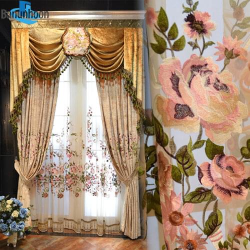 High Grade American Chenille Fabric Curtains For Living Room Embroidered Flower Valance Voile Tulle Drapes For Bedroom