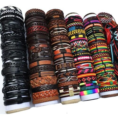 Handmade Punk Random 50pcs/set Vintage Multilayer Charm Leather Bracelets Men Bracelets Women Wholesale Jewelry Gift WP16